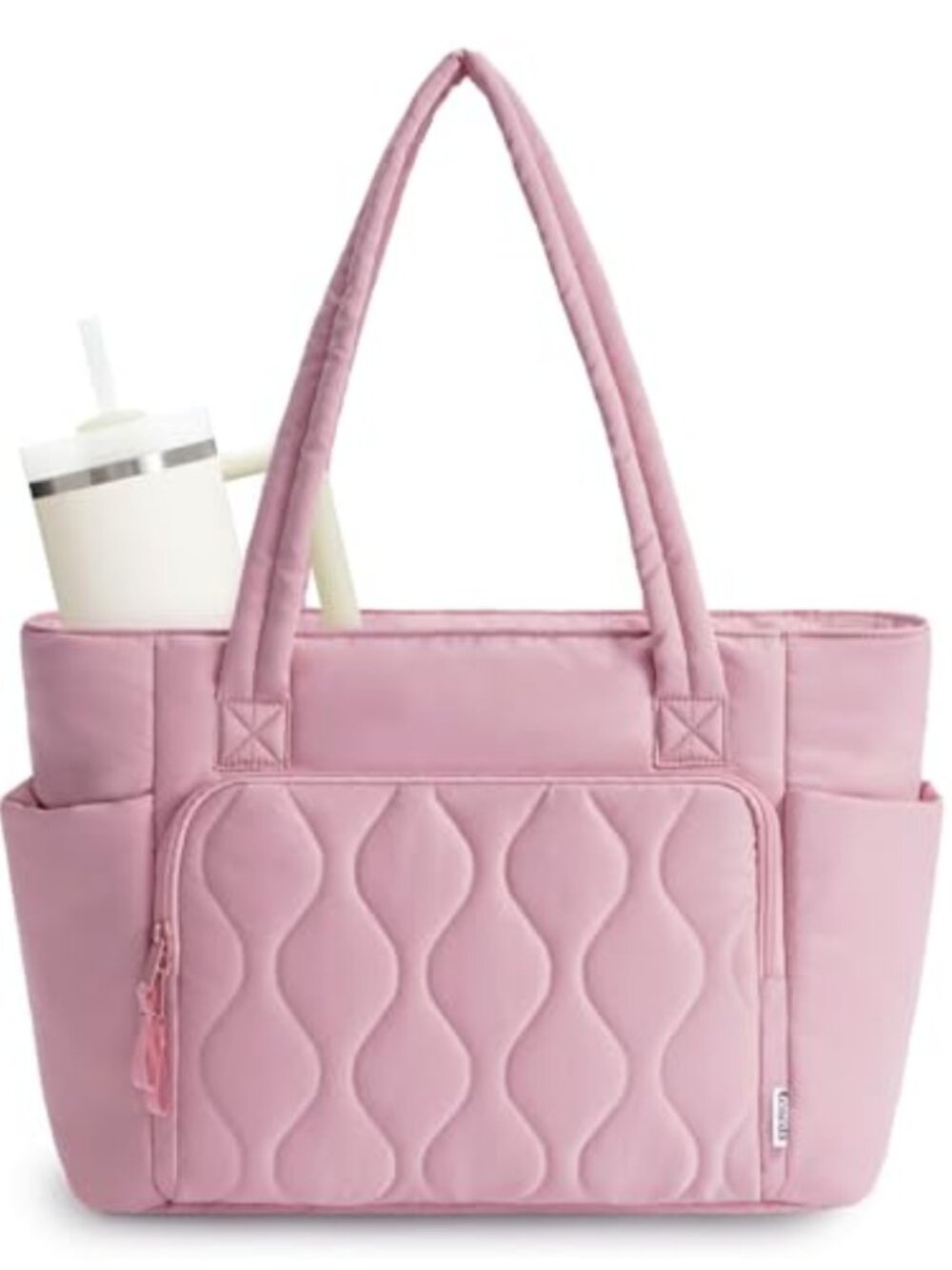 Puffer Tote Bag with 40oz Cup Holder, Laptop Compartment, Travel Work Bag
